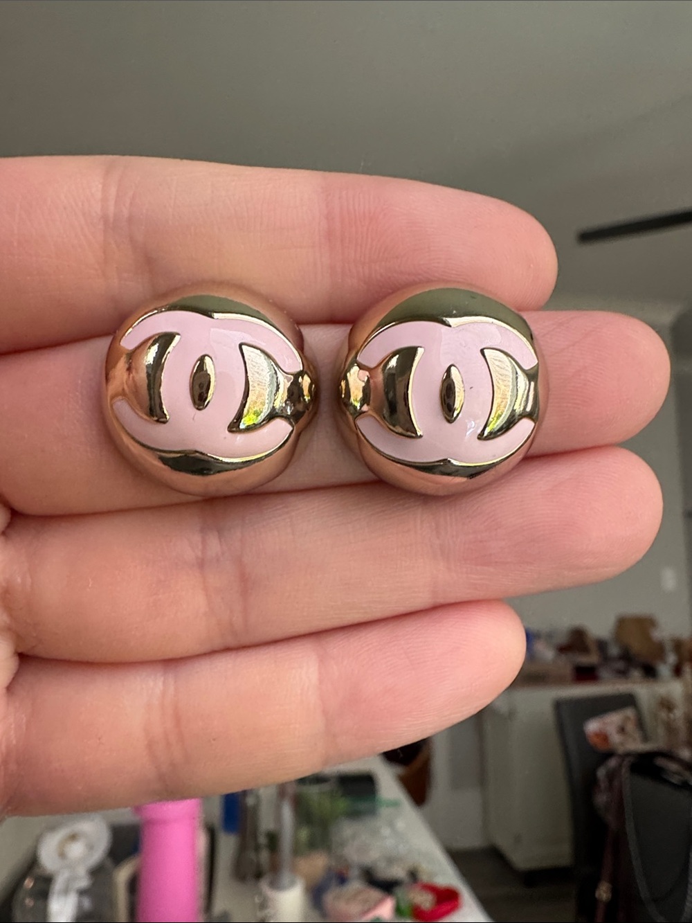 CC Style Coco Mark Pink Enamel Dome Stud Earrings Beige Gold